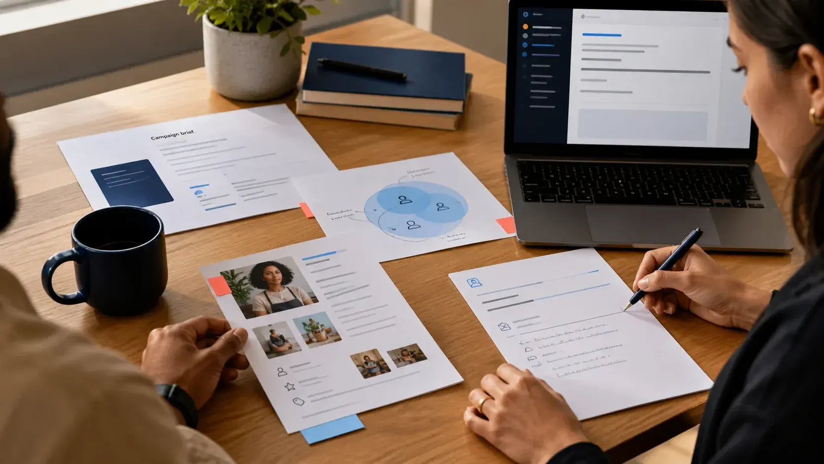 Two strategists connect a campaign brief and creator evidence to one carefully prepared outreach message