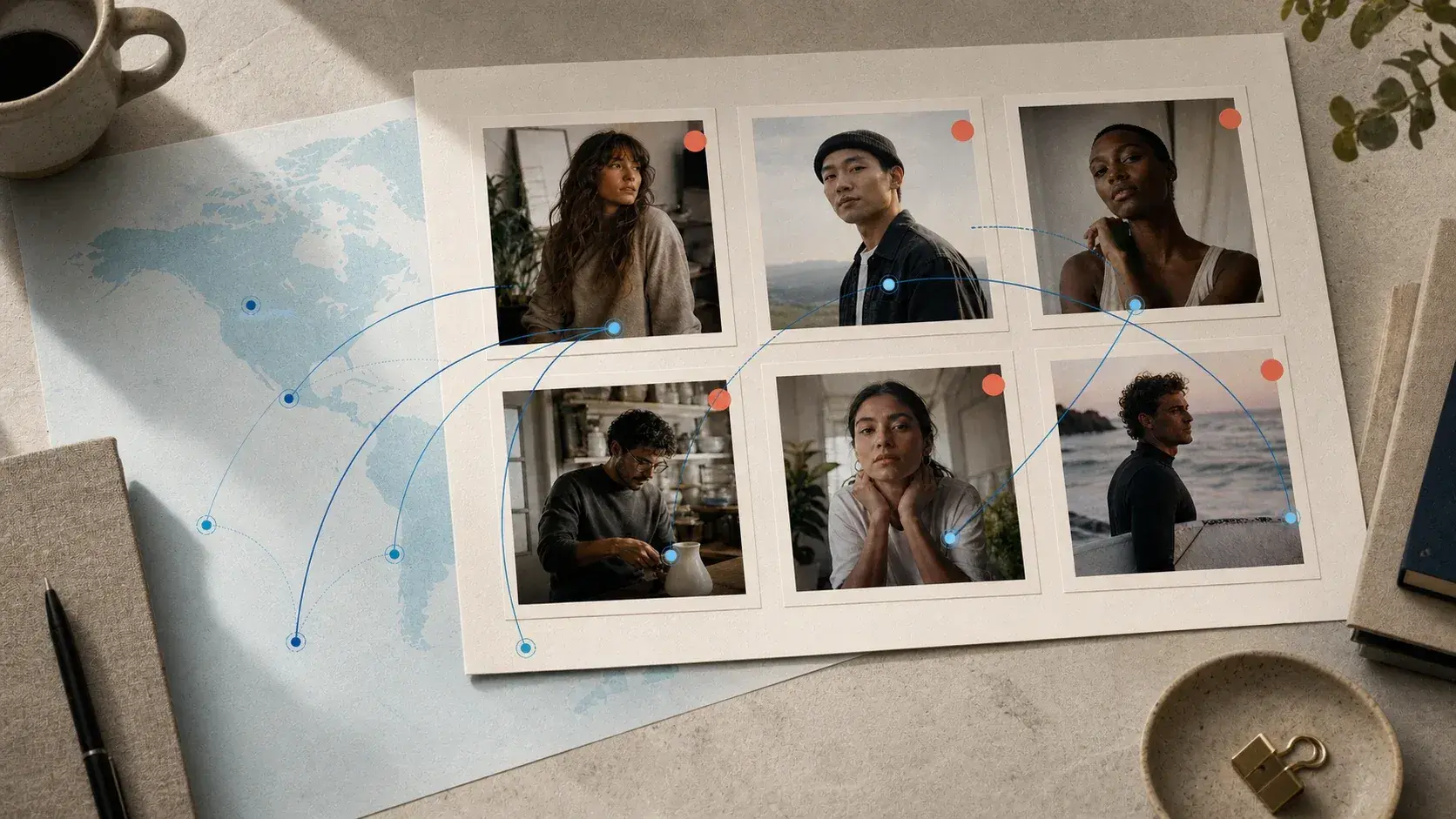 Six creator portraits connected to multiple audience-market points on a geographic research sheet