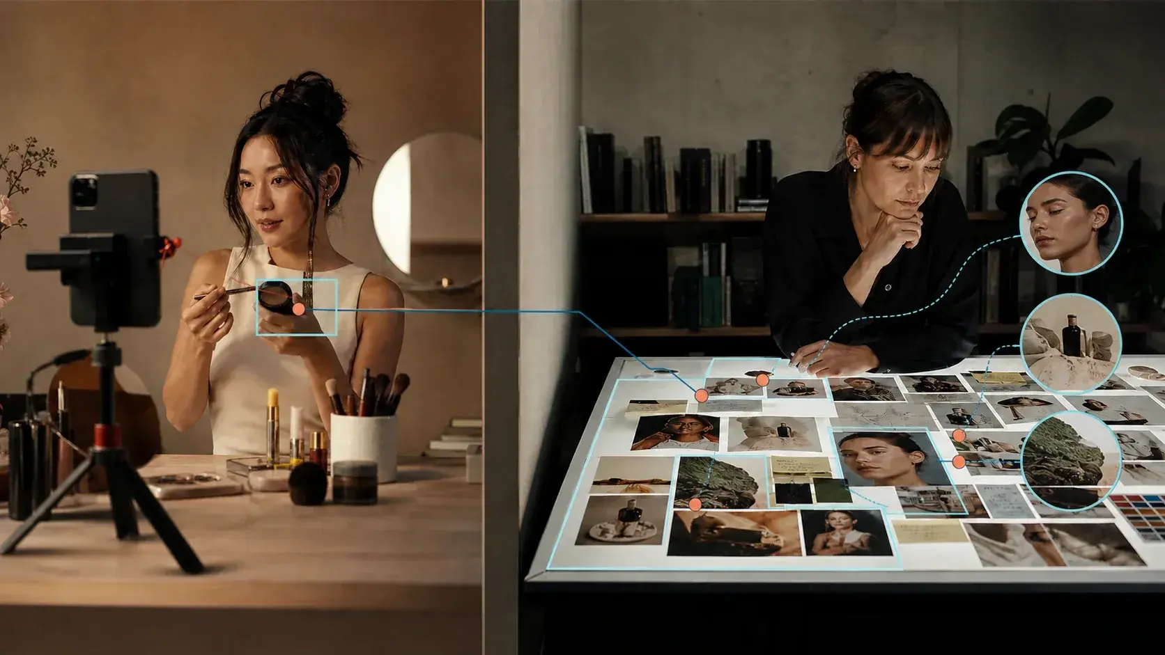 A creator filming one post while a researcher compares it with a wider body of content evidence