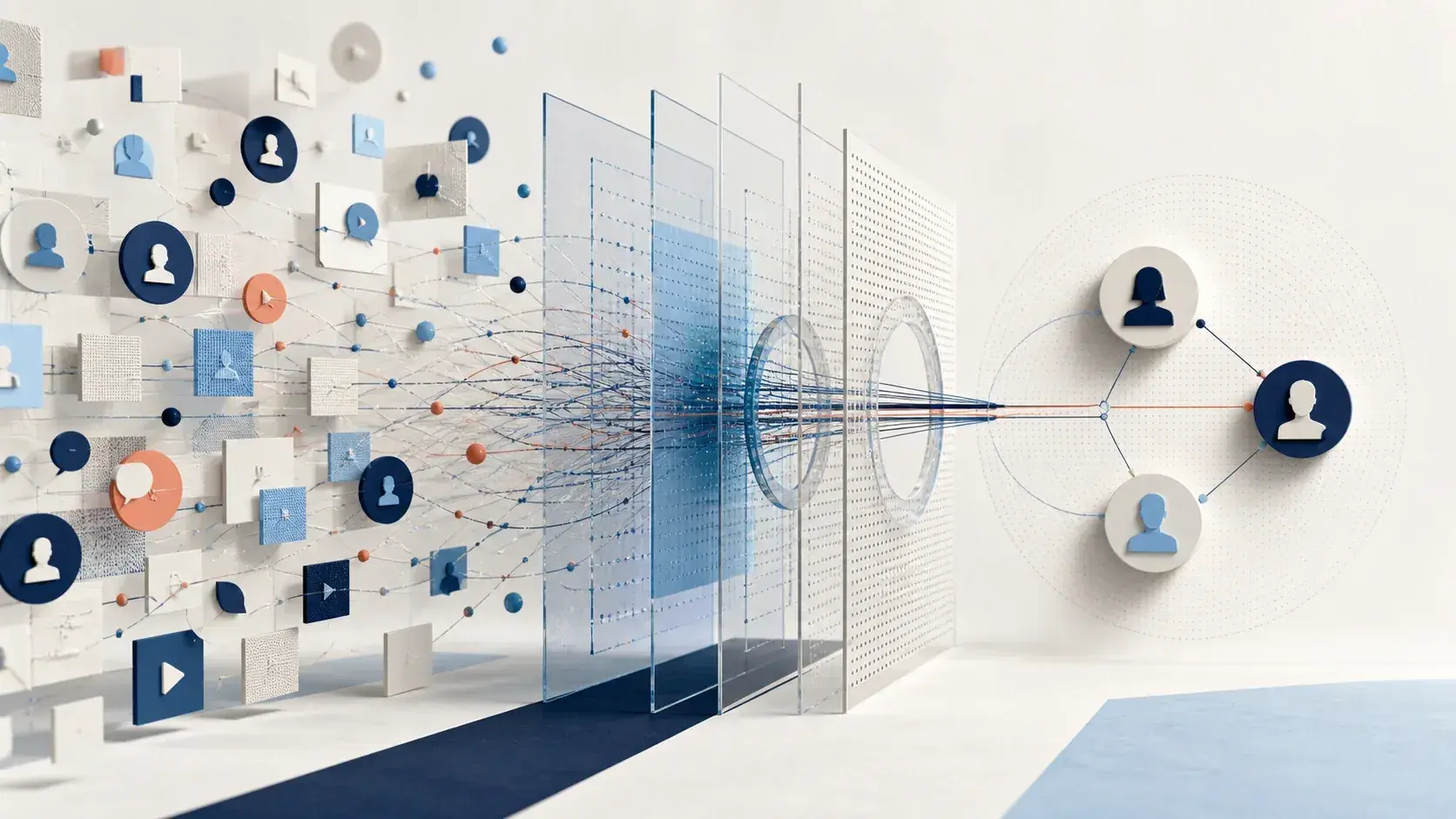 Scattered creator and content signals passing through evidence layers to become a focused shortlist