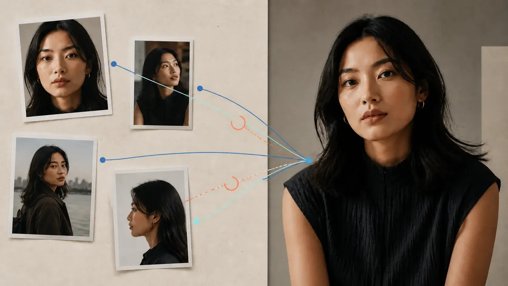 Several source-profile portraits connected with varying confidence to one creator identity